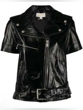 MICHAEL Michael Kors Black Lamb Leather Short Sleeve Moto Jacket Sz M